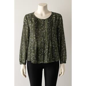 Jaclyn Smith XL Floral Sheer Blouse Green Black Button Front Long Sleeve